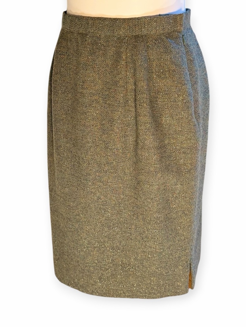 Vintage Oscar de la Renta Pink Label Tweed Pencil Skirt Olive Gold Sparkle Lux